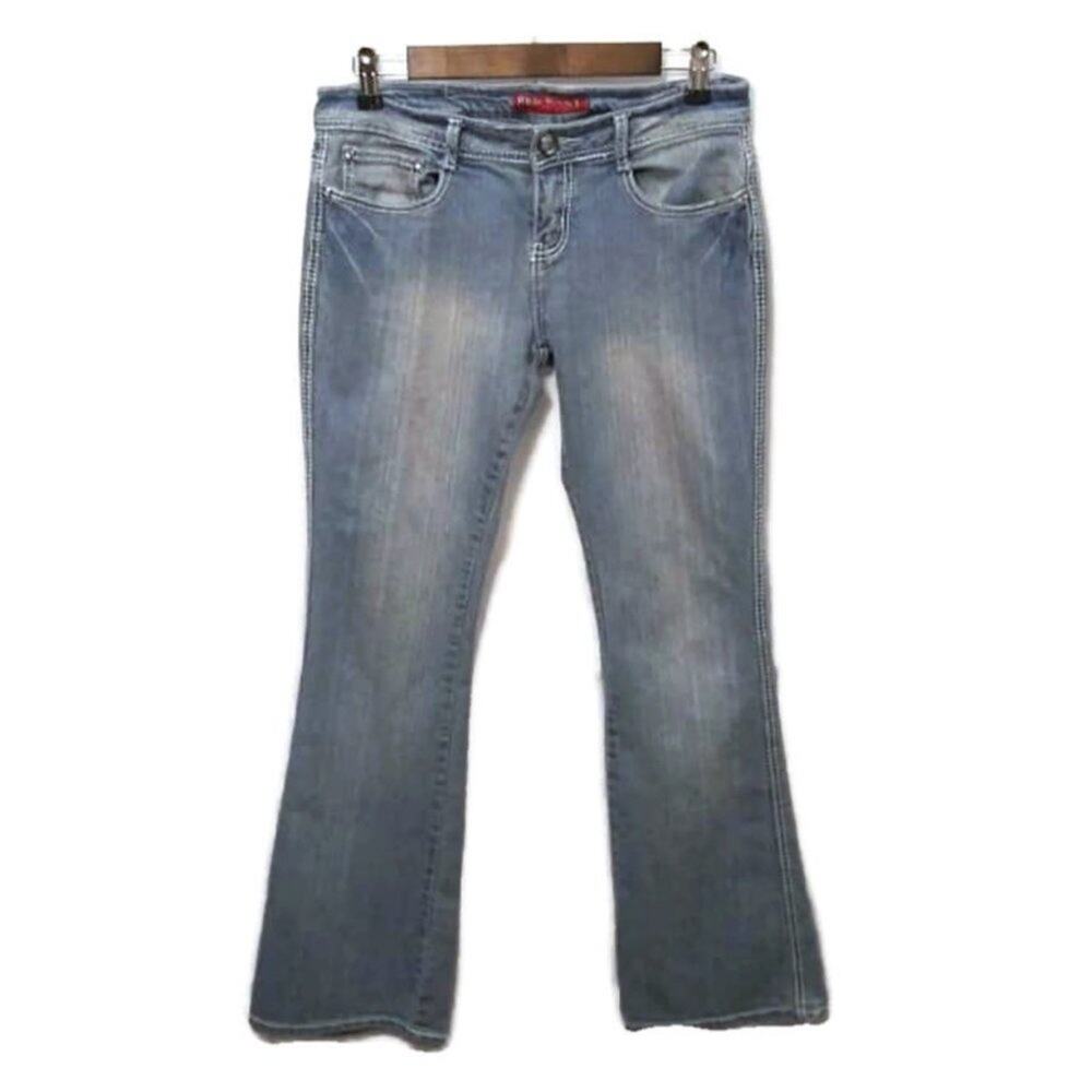 Red Rivet Medium Wash Thick Stitch Flare Jeans Y2K Size 30